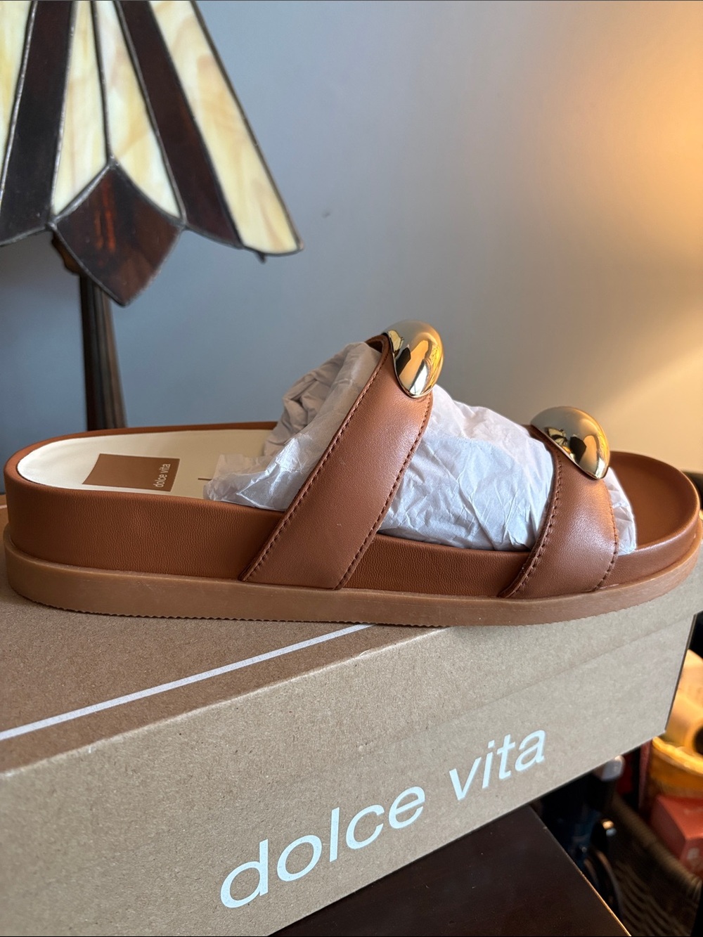 Dolce Vita Tan Slide Sandals with Gold Accent Orbs